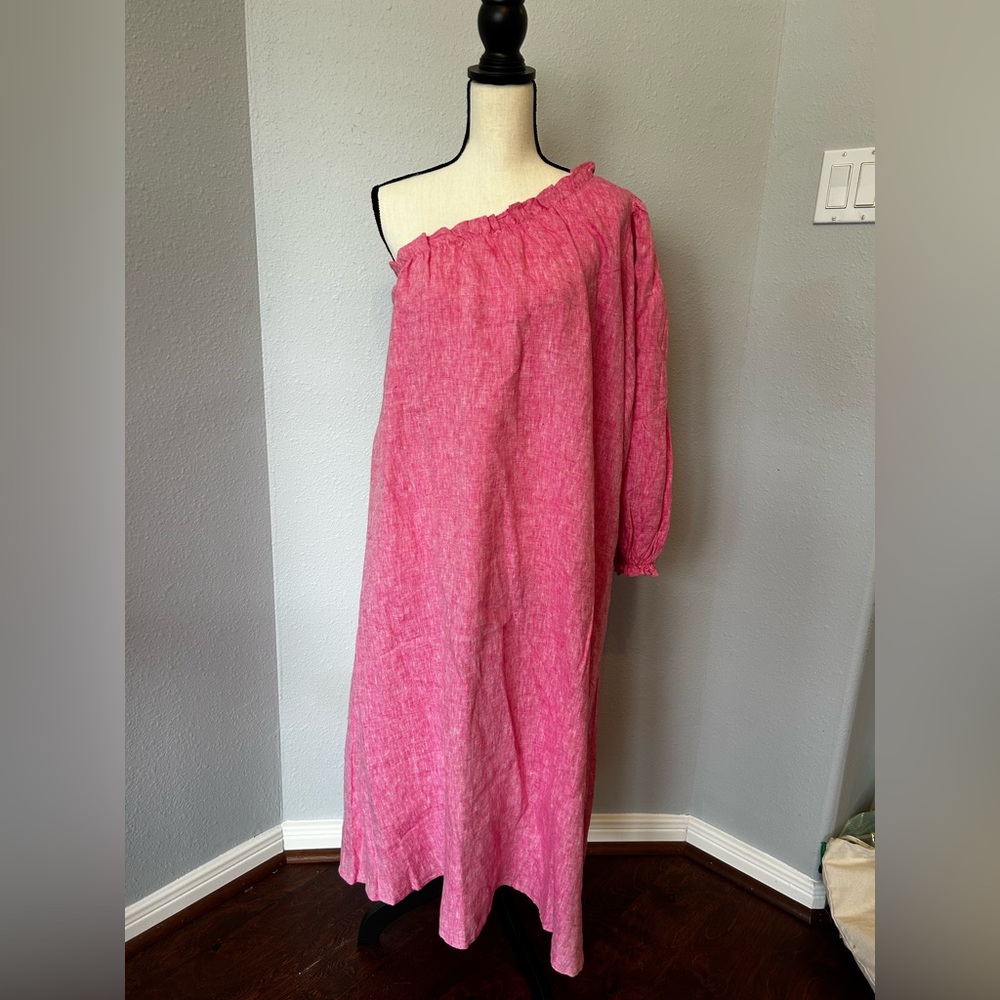 One-Shoulder Fuchsia Linen-Blend Midi Dress